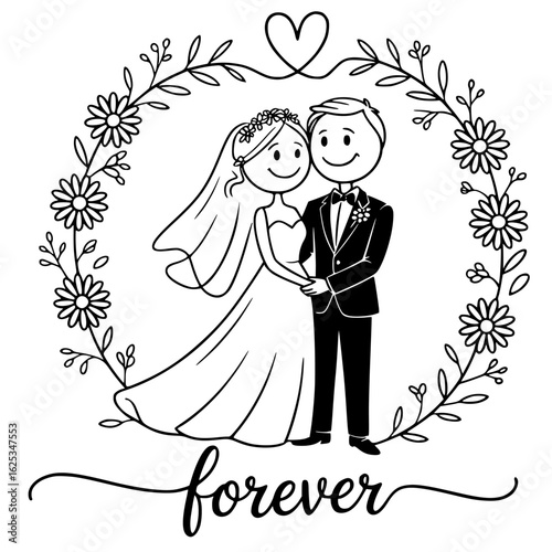Everlasting Love: A charming illustration of a newly married couple encircled by a floral wreath, symbolizing the enduring bond of forever.