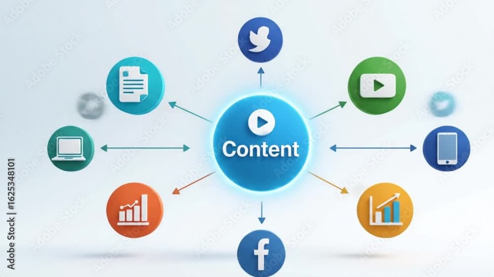 A dynamic animated explainer video illustrating content marketing, where blog posts, videos, and infographics are being created and shared across digital platforms, all orbiting a glowing 