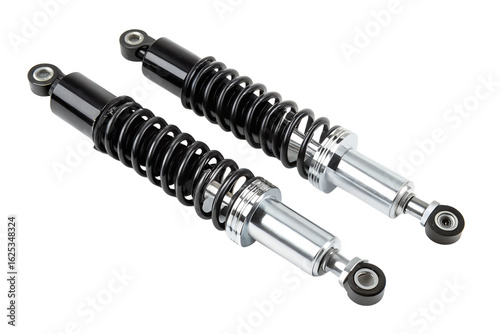 Pair of black motorcycle shock absorbers isolated on a white background.