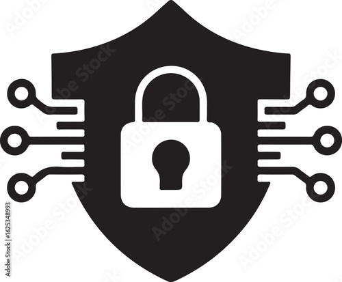 Digital security shield with padlock representing cybersecurity and data protection in a networked world technology icon