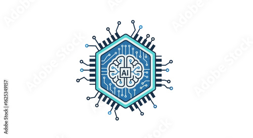 A stylized ai brain inside a hexagon with circuit board connections on a white background image