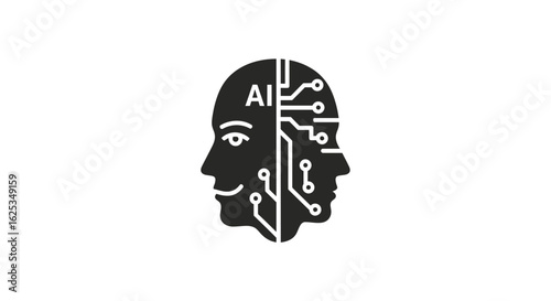Illustration of a head split between a human face and a circuit board with the letters ai