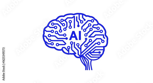 Illustration of a blue brain with ai text and circuit board design on a white background image