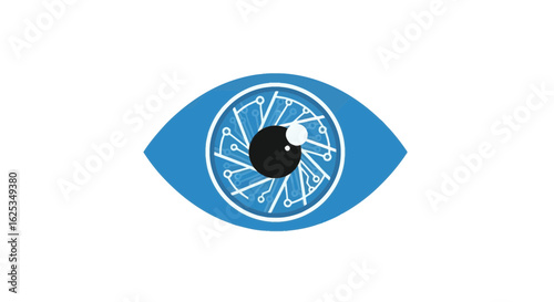 A blue eye with white circuit board lines radiating from the black pupil and white highlight dot