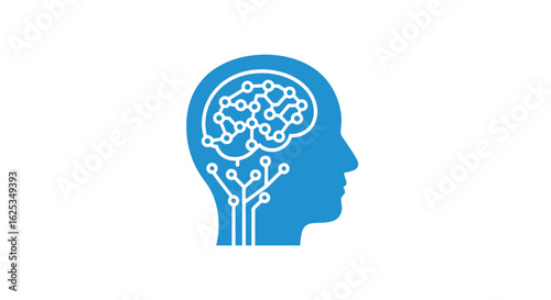 Blue head silhouette with a white brain network and connecting lines illustration showing ai concept