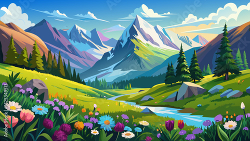 dyllic mountain landscape in the Alps with blooming meadows in summer springtime