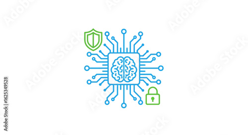 Illustration of a brain inside a square with shield and padlock representing ai security concept