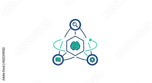 Illustration of a brain inside a hexagon connected to search, chat and settings icons in blue and green