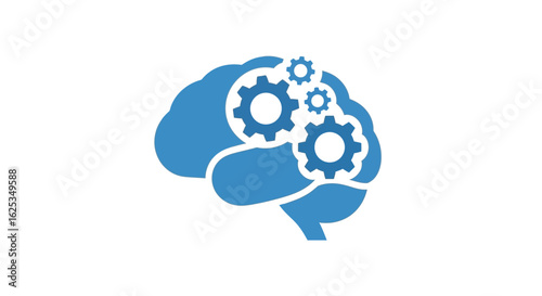 Blue brain graphic with three gears inside representing cognitive function and mechanical processes
