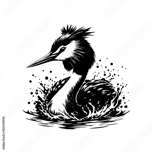 Great Crested Grebe Bird Splashing in Water.