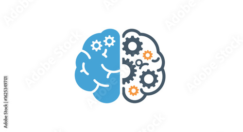 Brain illustration divided into logical and creative sides with gears and blue color scheme