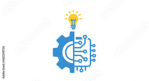 Blue gear and circuit board combined with a yellow lightbulb on top representing innovation concept