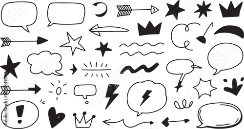 Doodle Vector Set with Hand Drawn Elements Crowns Arrows Stars Speech Bubbles and Hearts for Creative Design Projects