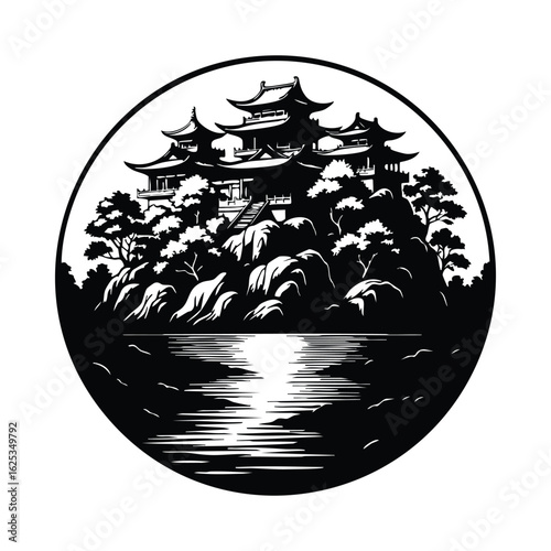Ancient pagoda complex on rocky island with reflective water temple architecture