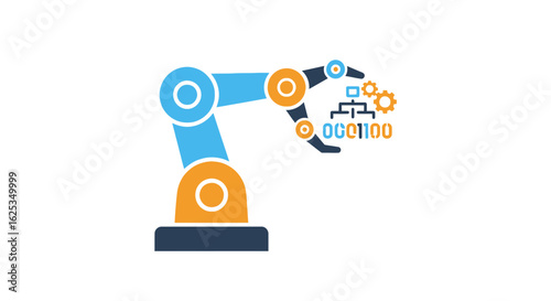 Illustration of a robotic arm holding binary code with gears and a flowchart on a white background