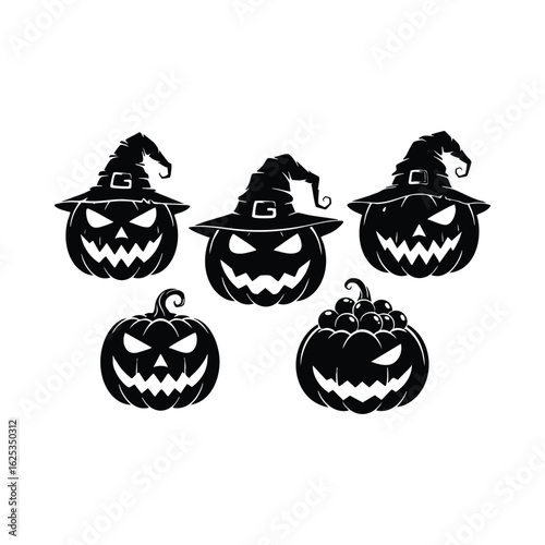 Black Halloween pumpkins with carved faces and witch hats jackolantern spooky