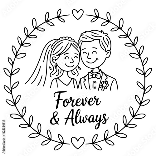 Forever and Always: A sweet depiction of a just-wedded couple framed by a lovely floral wreath, the illustration beautifully encapsulates the everlasting bond of marriage and the promise of forever. 