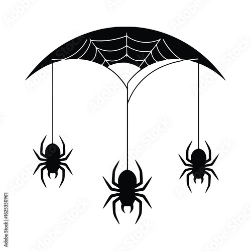 Black spiders hanging from a web white