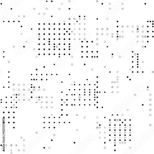 Abstract pattern constructed from various geometric points: circles, squares, diamonds and dots. The elements are distributed in a grid pattern, creating a sense of digital structure or code.