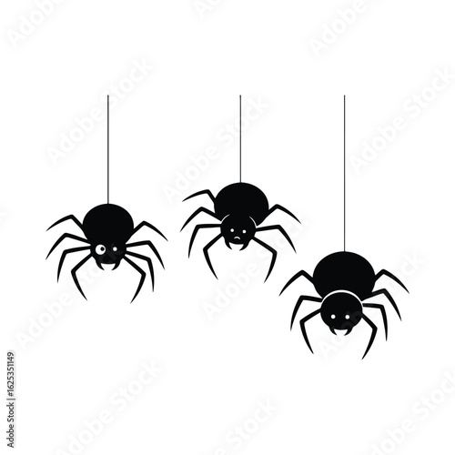 Black spiders hanging on threads cartoon