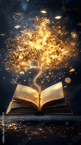 Open book with glowing tree of knowledge and constellation diagrams against a starry night sky