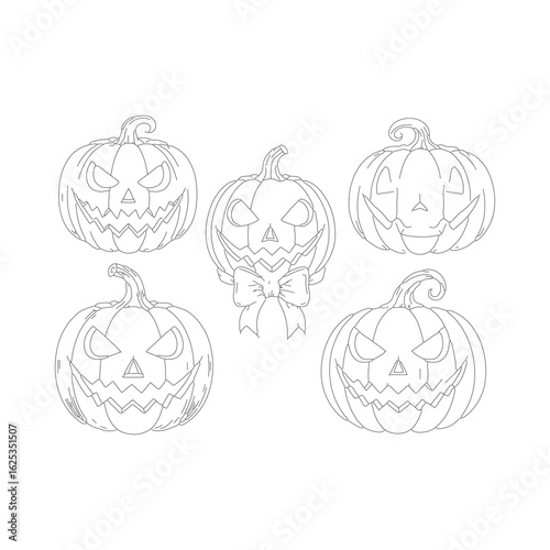 Five carved pumpkins with spooky faces and one with a bow halloween jackolantern