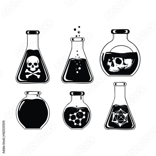 Flasks containing skull poison bubbling liquid molecular structures