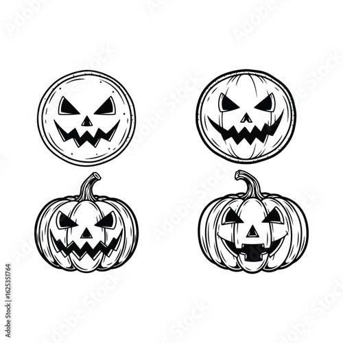 Four carved pumpkins with spooky faces halloween jackolantern