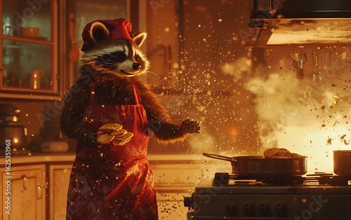 Raccoon Chef in a Kitchen Disaster with Flying Food