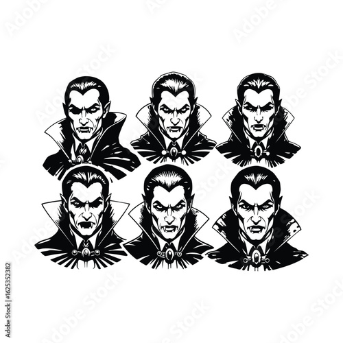 Six vampire portraits with fangs and capes gothic horror