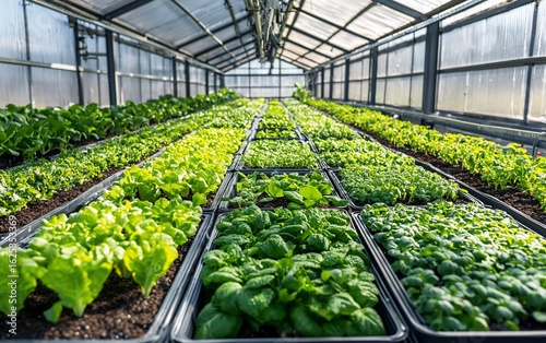 Rows of Lush Green Leafy Vegetables Growing in a Greenhouse