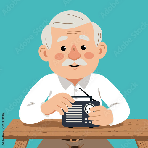 Elderly man listening to radio while sitting at table in bright room  