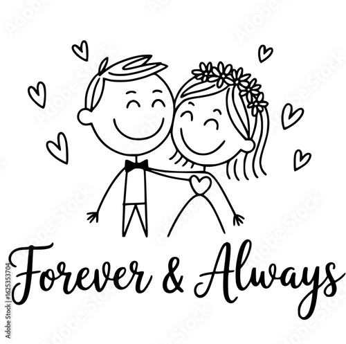 Forever & Always: A tender illustration of a newlywed couple, arms intertwined with love, framed by hearts that gently float. Embracing the promise of everlasting devotion.