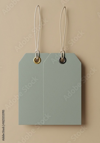 Pair of blank green retail tags with strings, a mockup for pricing and branding