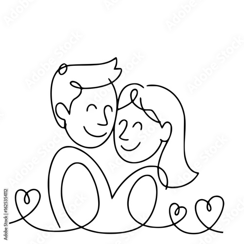 Embrace of Love: Minimalist line art depicts a couple embracing, embodying the warmth and unity of togetherness, interwoven with heart symbols of affection.