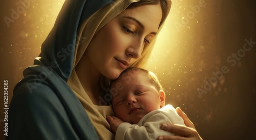 Close-up of Mary’s peaceful face as she lovingly gazes at the infant Jesus in her arms, warm lighting highlighting the tenderness of the moment.
