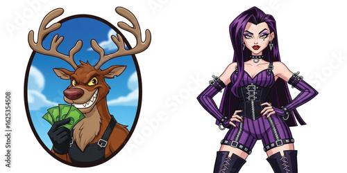 Cartoon reindeer holding money and gothic girl in purple outfit, unique character duo, fantasy illustration with attitude, fun and edgy