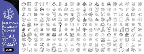 Operations management Editable Stroke icon collections. Containing production, logistics, supply chain, manufacturing, planning, inventory, strategy, customer satisfaction and cost icons