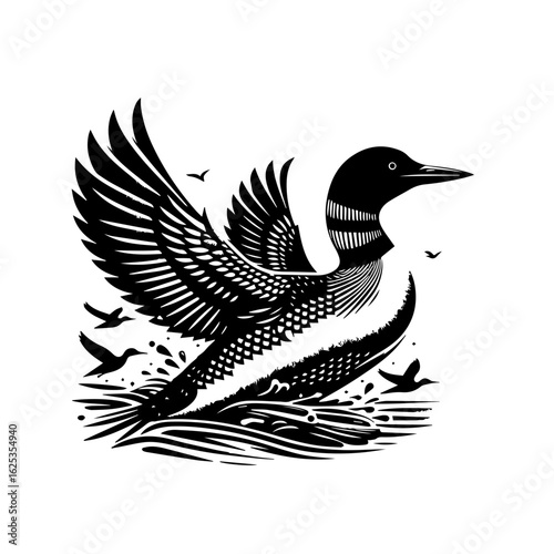 Black and white graphic illustration of a loon taking flight from water.