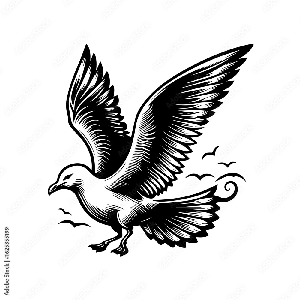 Fototapeta premium Elegant flying seagull in a vintage woodcut illustration style.