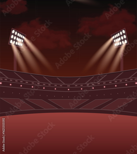 Night stadium with glowing floodlights and red field