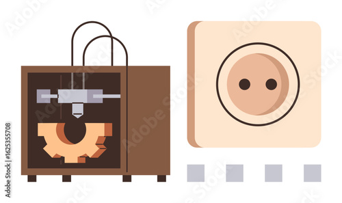 3D printer crafting a gear with precision alongside a finished gear model for comparison. Ideal for technology, innovation, manufacturing, industry, design, engineering, creativity. Simple flat