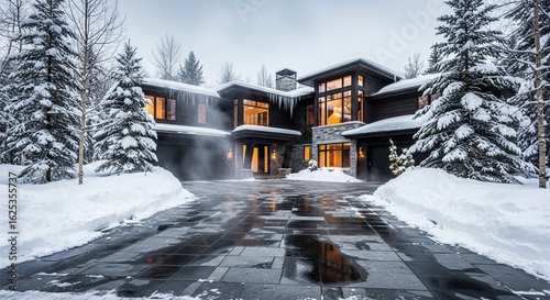 Luxury Home Exterior: Heated Driveway Melting Snow in Winter