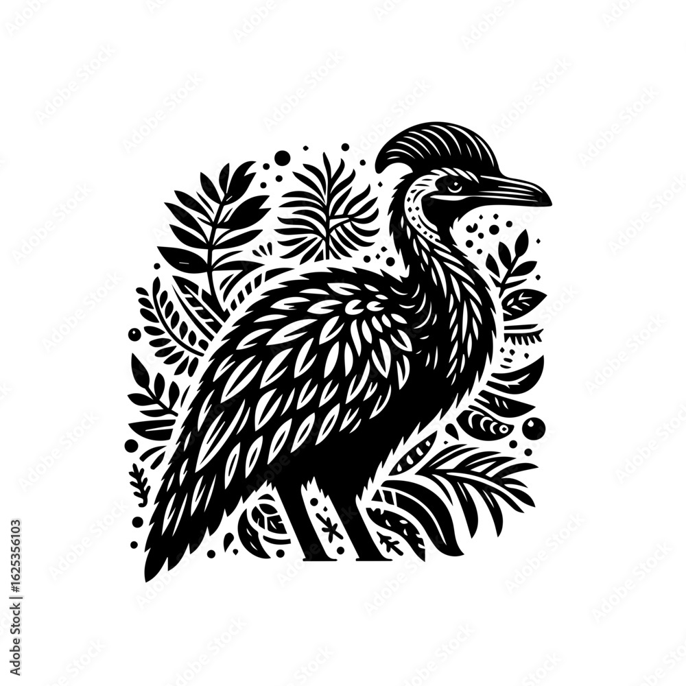 Fototapeta premium Stylized Black and White Bird with Foliage Design.