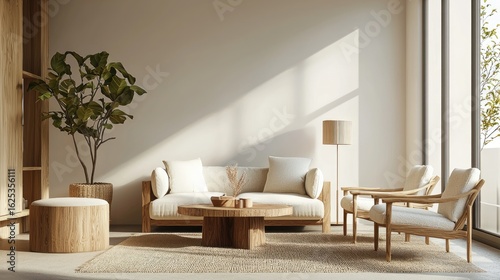Modern living room with light wood furniture, white cushions, natural lighting, and indoor plants, ideal for home decor, interior design portfolios, and furniture promotional content