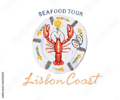 Lisbon seafood tour vector art, Portugal summer beach vacation watercolor vector, Lobster and lemon on plate artwork for t shirt, poster, graphic print