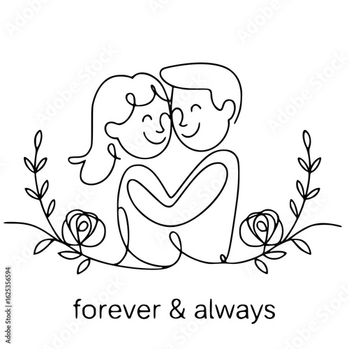 Eternal Embrace: A line-drawn illustration of a loving couple, intertwined in a tender hug, nestled amongst floral embellishments, embodying a promise of 'forever & always'.