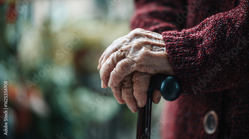 Close up of elderly woman s wrinkled hands resting on a cane with a blurred background