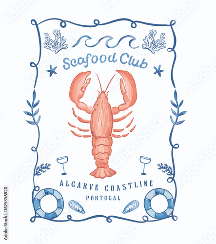 Summer beach holidays vector design, Lodestar watercolor vector illustration, Portugal seafood tour artwork for t shirt, poster, wall art, tote bag 