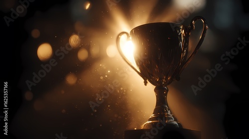Golden trophy shines against dark background. Illustrates victory, achievement, success. Good for marketing, web design, and editorial use.